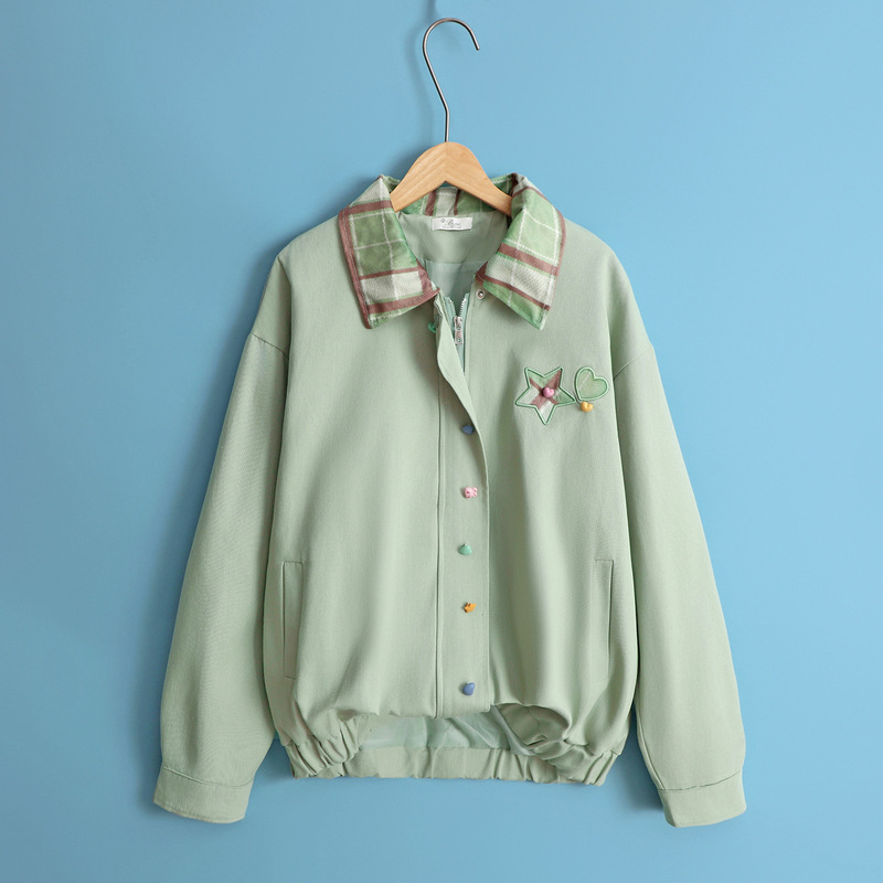 Korean Sweet Color-Block Plaid Lapel Jacket for Girls, Autumn Design, Petite Versatile Jacket Top Trendy