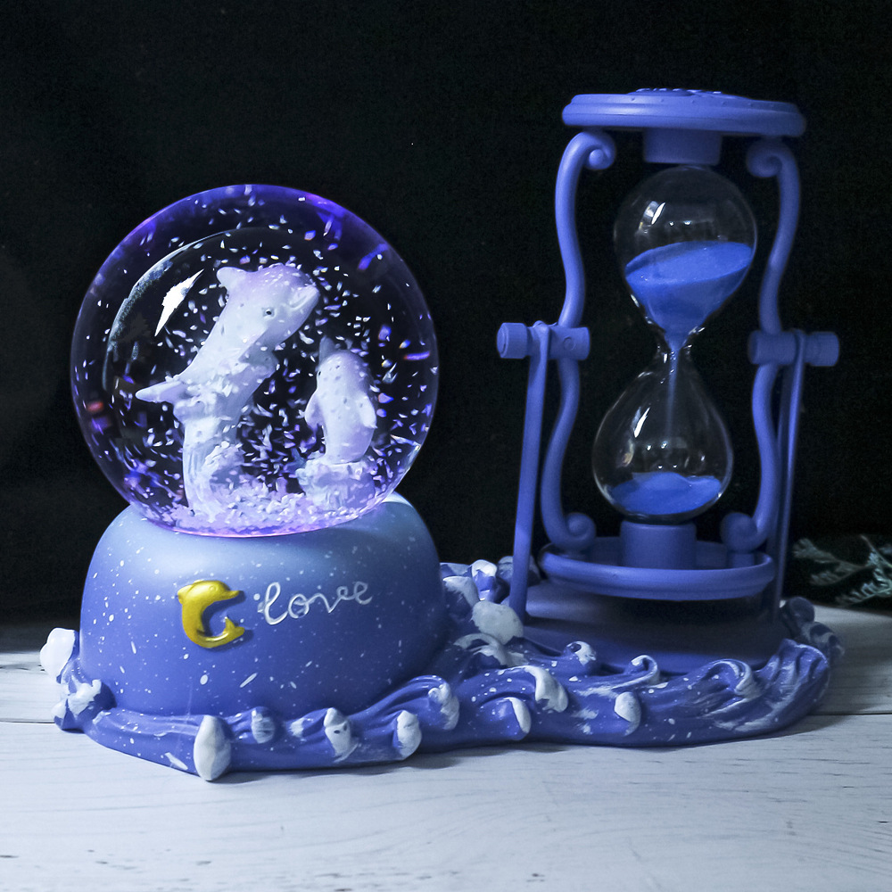 Reloj de Arena Delfín Creativo con Bola de Cristal, Caja Musical Luminosa, Decoración para Escritorio y Regalo
