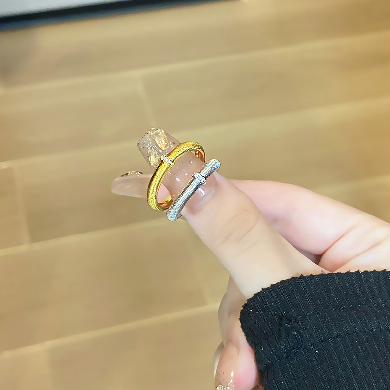 新款中古緞面拉絲沙金開口戒夏季款小眾設計疊戴素圈高級感食指戒