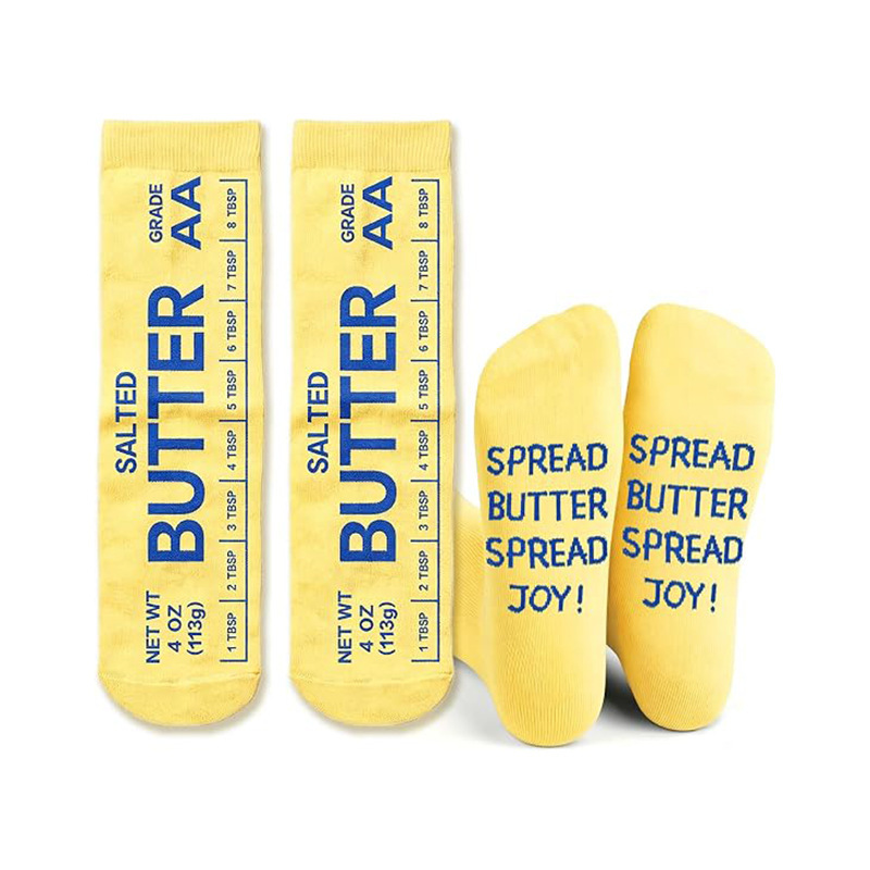 Cross-border personalized mid-calf socks with butter slogan print, light yellow color blocking, quirky novelty gift, unisex casual cotton socks Cross-border personalized mid-calf socks with butter slogan print, light yellow color blocking, quirky novelty gift, unisex casual cotton socks