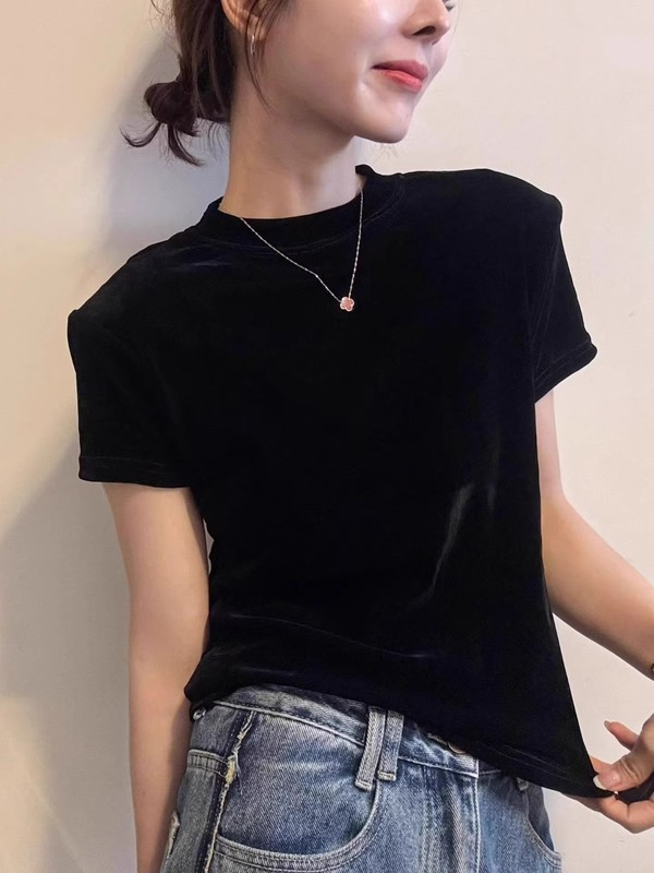金丝绒正肩短袖T恤女2025早秋新款欧货女装修身内搭打底小衫上衣|undefined