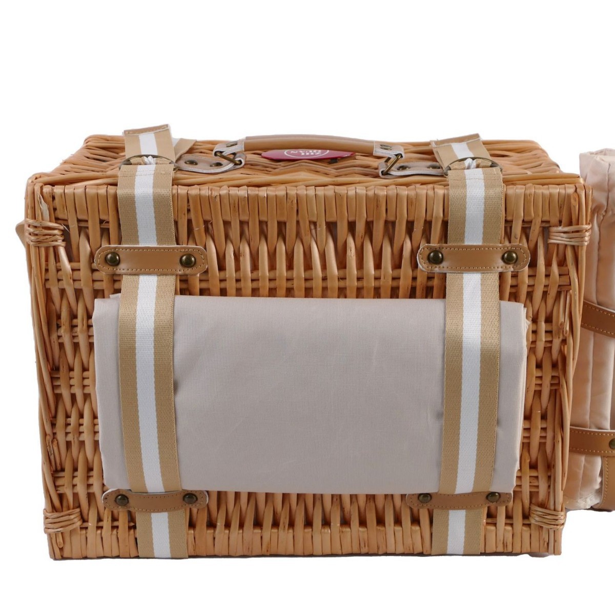 Comercio exterior en caliente tejido de caña tejido a mano tejido de sauce aislamiento personalizado cesta de picnic cuatro personas con cojines de cinturón de hombro
