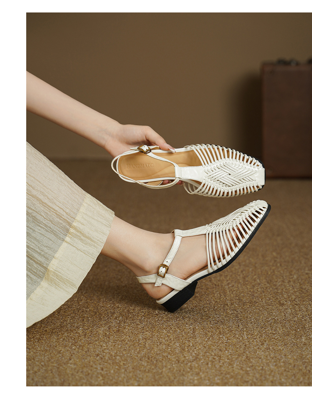 Sandal nữ quai dệt mảnh mũi vuông gót phẳng — màu nâu chi tiết 5