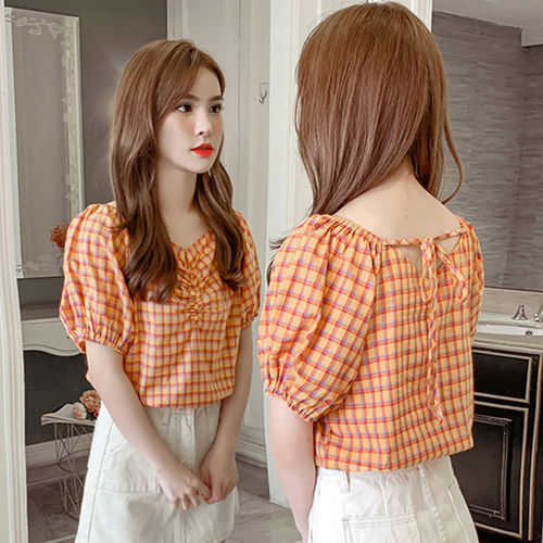 Chiffon Blouse Summer Korean Style Square Collar Bubbling Sleeve Chiffon Short Sleeve Top