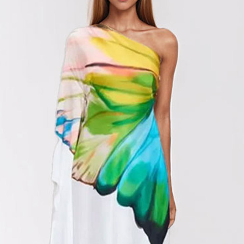 Transfronterizo 2025 Amazon primavera nueva ropa de mujer europea y americana con estampado de hombros inclinados temperamento elegante vestido delgado largo image 4