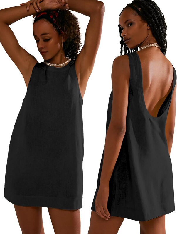 Viutil Women's Summer Linen Mini Dress Off-Shoulder Low Back Sleeveless Tank Dress with Pockets 2026