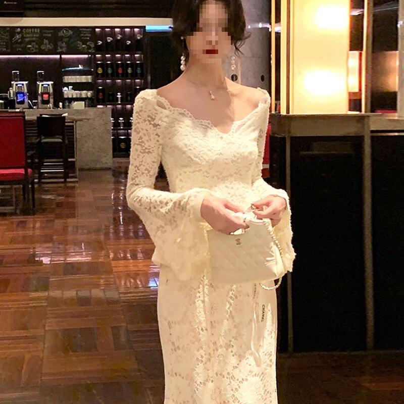 Palace Style French V-Neck White Flower Lace Trumpet Sleeve Top Women's Slimming Look Hip-Hugging Fishtail Long Skirt Two-Piece Set