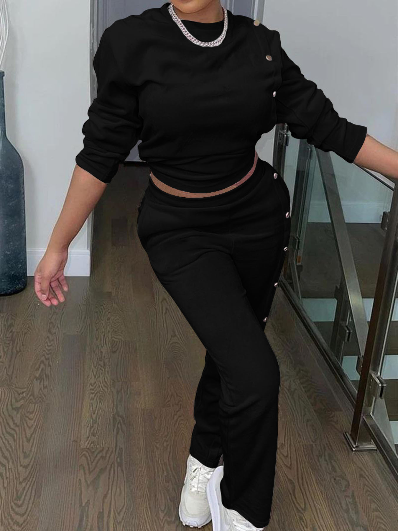 Women's Clothing women's clothing Side breasted two piece sweatshirt long sleeved trousers fashionable casual suit_voghion.com