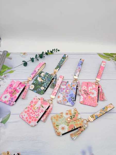 Cross-Border Fashion Pu Leather Hand-Held Foldable Card Holder European and American Floral Leather Zipper Coin Purse Printed Leather Keychain