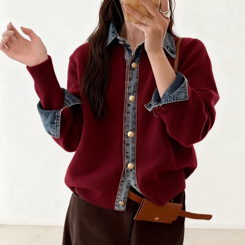 Japan and Korea 2026 autumn/winter patchwork denim polo-neck knitted cardigan, loose and casual sweater coat, trendy and elegant