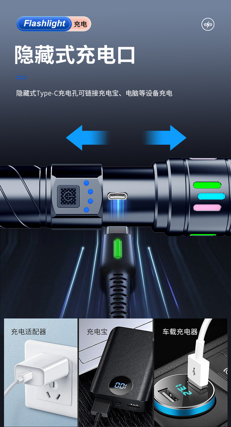 Strong Light Flashlight, Long-Range Outdoor Rechargeable High-Power Rechargeable Battery Light, Zoomable White Laser Wholesale Portable Rechargeable