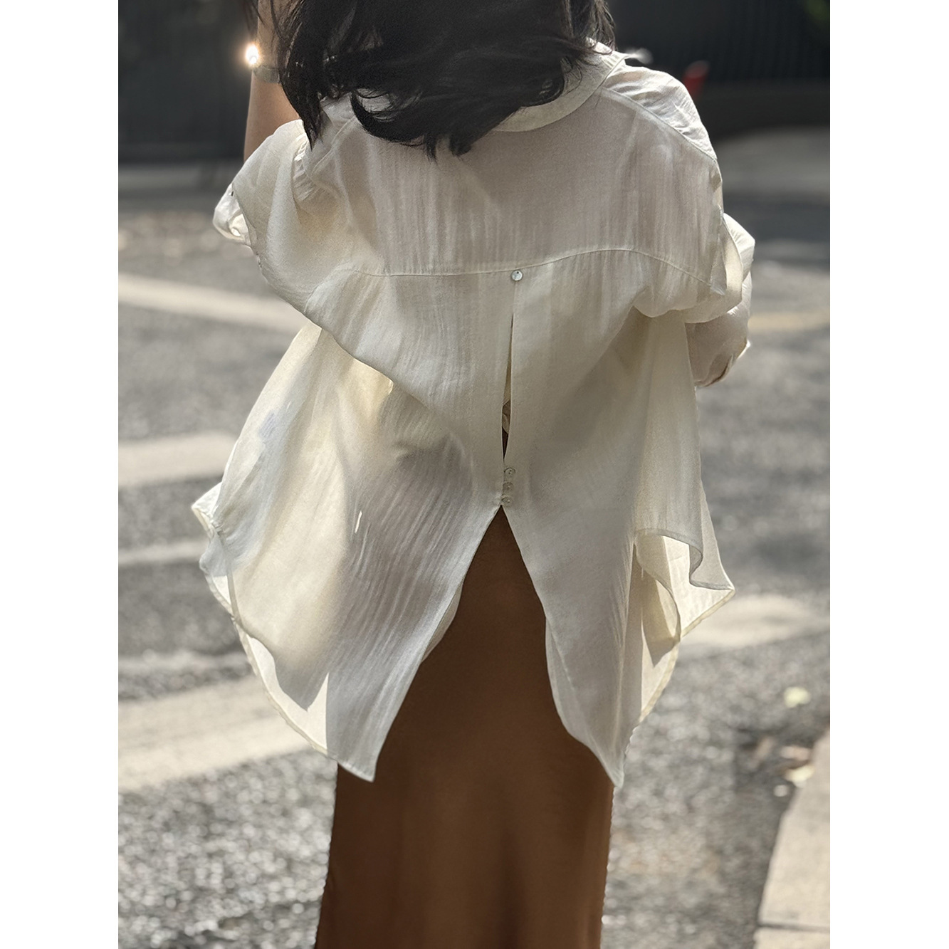 Back Slit Tencel Shirt Women's Summer Thin Design Niche Outer Blouse Top Loose Sun Protection Jacket