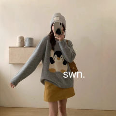 卡通企鹅刺绣针织衫毛衣女秋冬季大码胖mm软糯慵懒风可爱减龄上衣