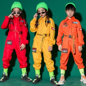 Children orange yellow red color jazz hiphop street dance costumes models catwalk fashion trendy clothes for boy girls rapper singers gogo dancers stage performance jumpsuits 