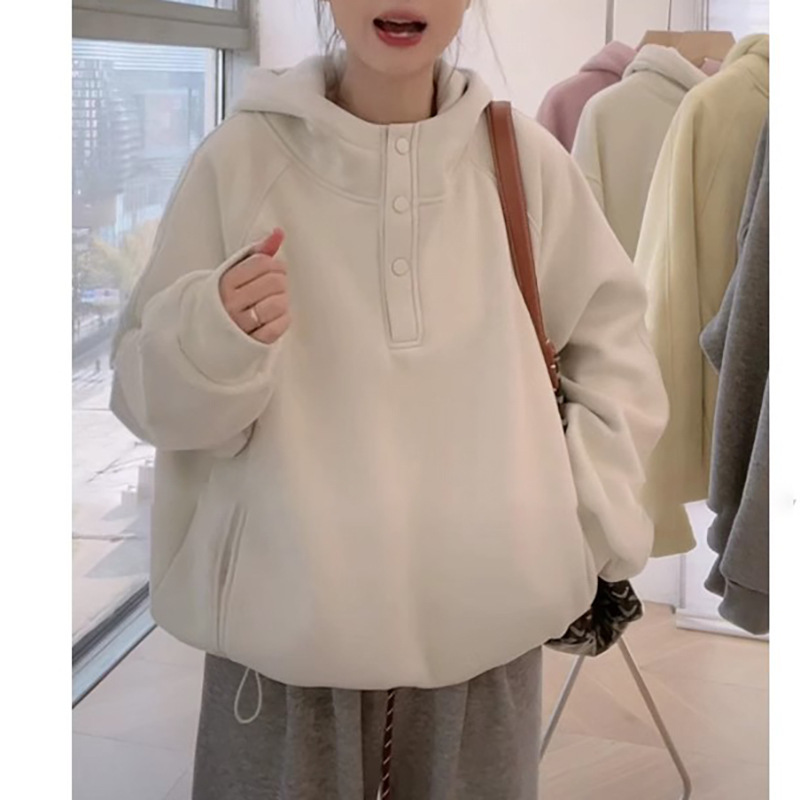 Fleece-Lined Thickened Stand Collar Hooded Sweatshirt for Women, Spring New Large Size Loose Casual Design Top