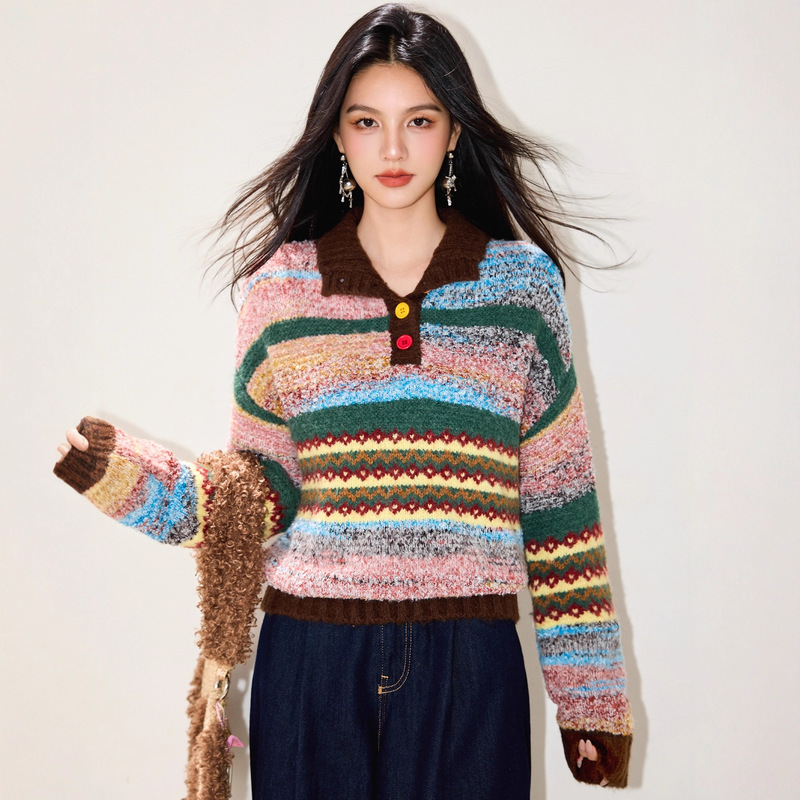 彩色复古polo领套头毛衣女秋冬季加厚设计感小众美拉德撞色针织衫|undefined
