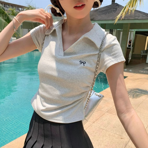 Polo Neck Pleated Embroidery Sexy Short Sleeve T-Shirt Women Summer Waist Cinch Slimming Underwear Short Style Women's T Shirt Wholesale 
