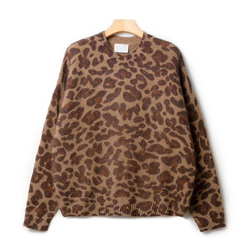 Se*Ane New Leopard Print Loose Round Neck Pullover Casual Long-Sleeved Sweater Slimming for Autumn and Winter