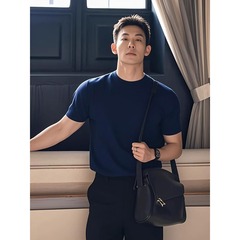 成熟した安定したメンズ袖口Tシャツ夏ネイビーブルーフィットネス半袖筋肉露出右肩スリムハーフスリーブ