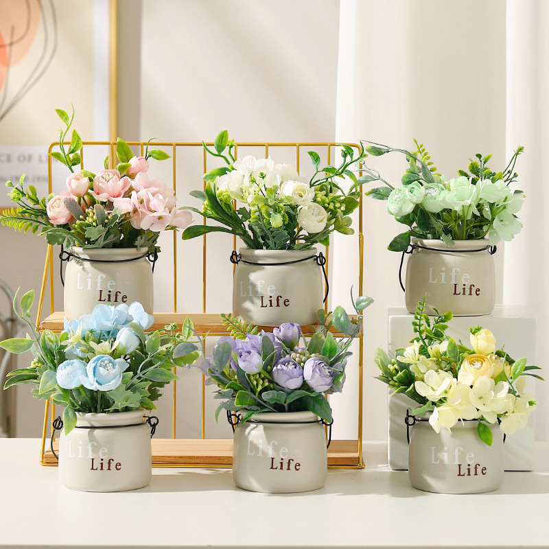 Ins Scandinavian Artificial Flower Ceramic Pot Artificial Flower Indoor Home Furnishings Living Room Rose Tea Bud Dining Table Decoration Furnishings