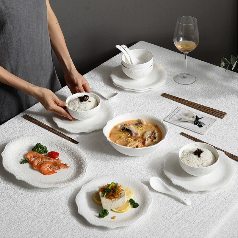 Ceramic Tableware Set (Alice) — Relief Carving, Solid White Western Dinnerware, Multi-Piece Options