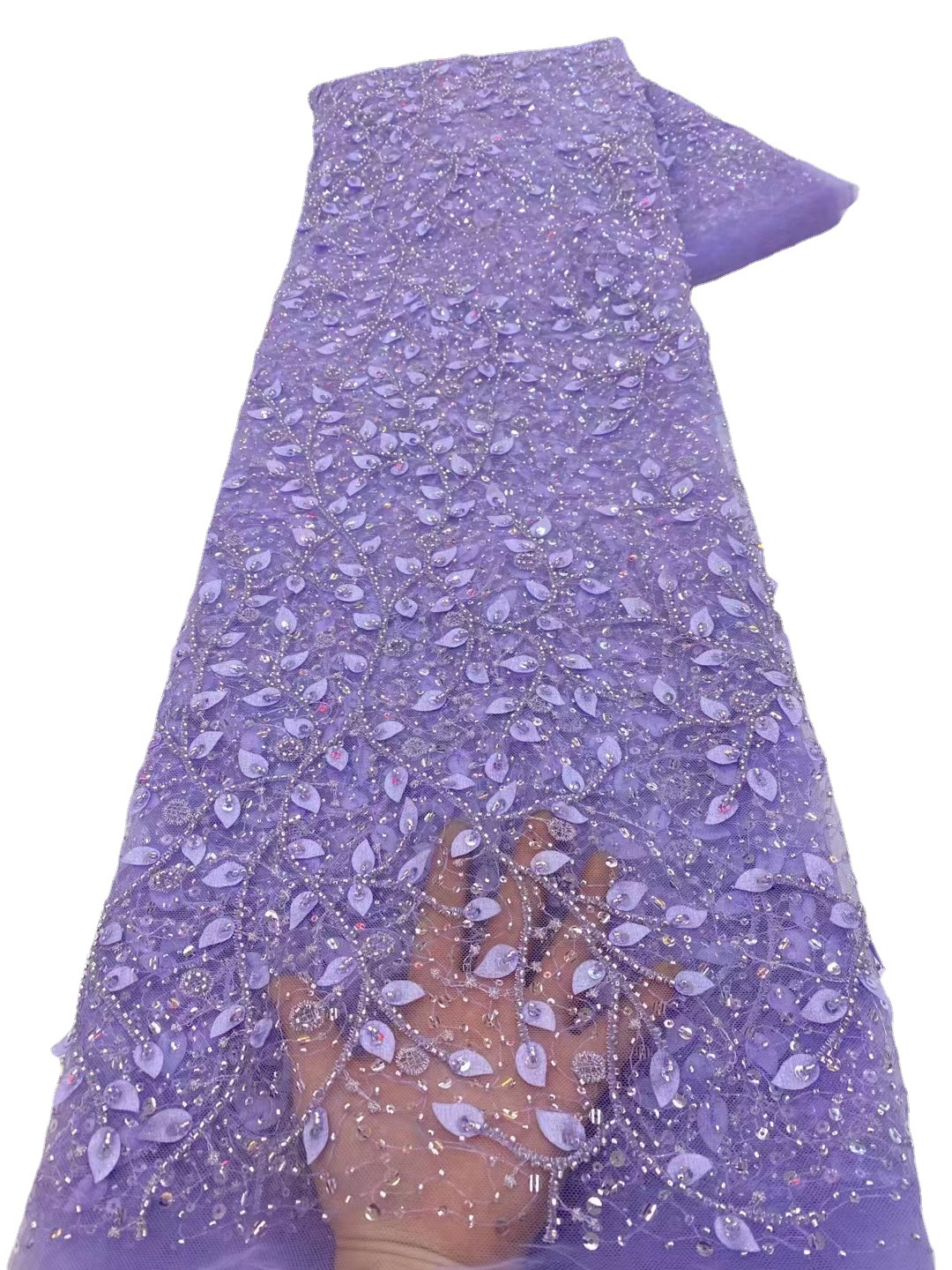 Encaje nuevo encaje de malla de lentejuelas bordado tela 3D hojas tridimensional flor tul moda vestido de novia tela JX3450