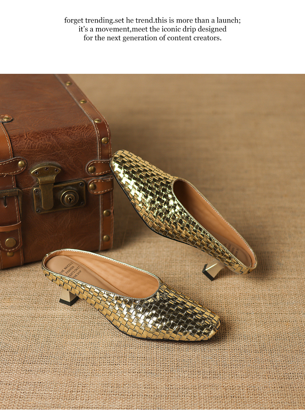 Sandal nữ mũi nhọn dệt vàng, gót 5 cm, phong cách thời trang — màu vàng chi tiết 21