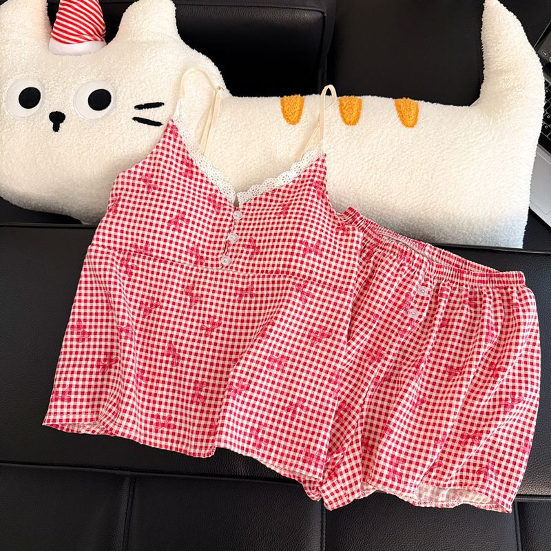 Pantalones cortos con cojín de pecho al por mayor transfronterizo pijamas de verano nuevo algodón nublado dulce conjunto de ropa de casa a cuadros