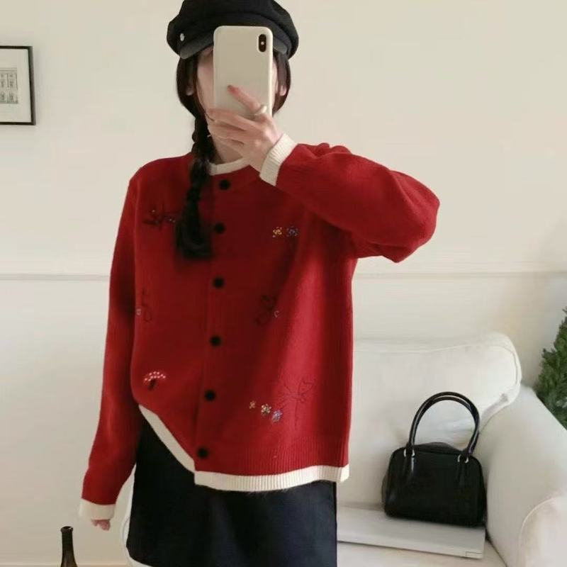 日系小狗刺绣毛衣外套女秋冬季软糯慵懒风甜美小个子针织开衫上衣|undefined