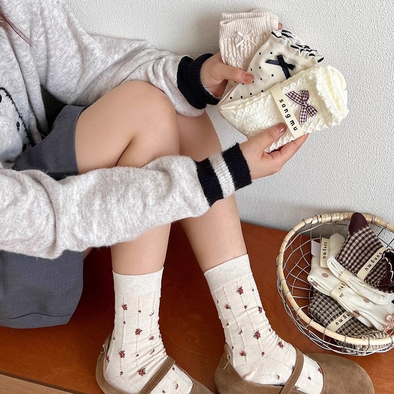 蝴蝶结袜子女中筒袜纯棉春夏季甜美韩版小众款堆堆袜女搭配小皮鞋|undefined