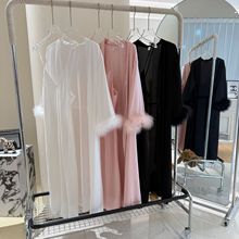 法式性感睡衣女加长款冰丝V领吊带睡裙睡袍两件套鸵鸟羽毛家居服
