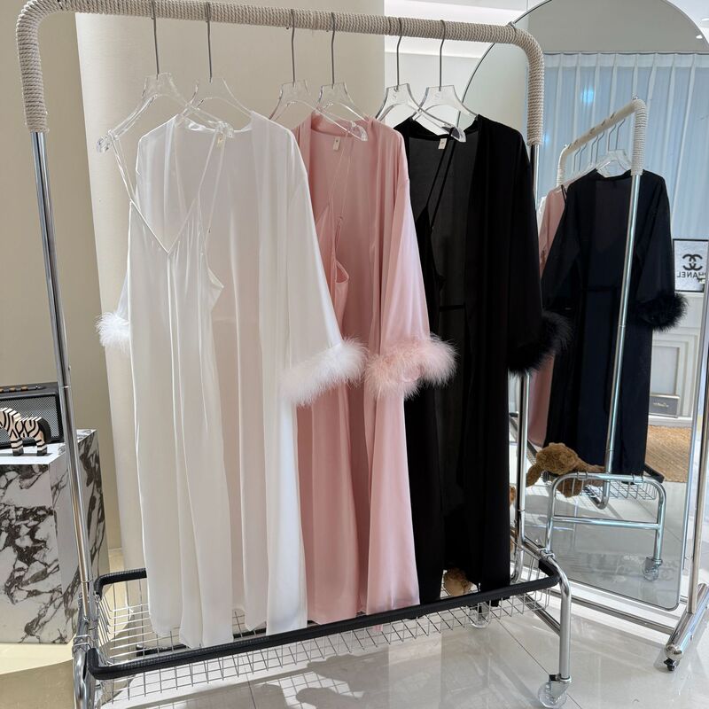 French-Style Sexy Sleepwear for Women, Extended Length Ice Silk V-Neck Camisole Nightgown and Robe Two-Piece Set with Ostrich Feathers Loungewear French-Style Sexy Sleepwear for Women, Extended Length Ice Silk V-Neck Camisole Nightgown and Robe Two-Piece Set with Ostrich Feathers Loungewear