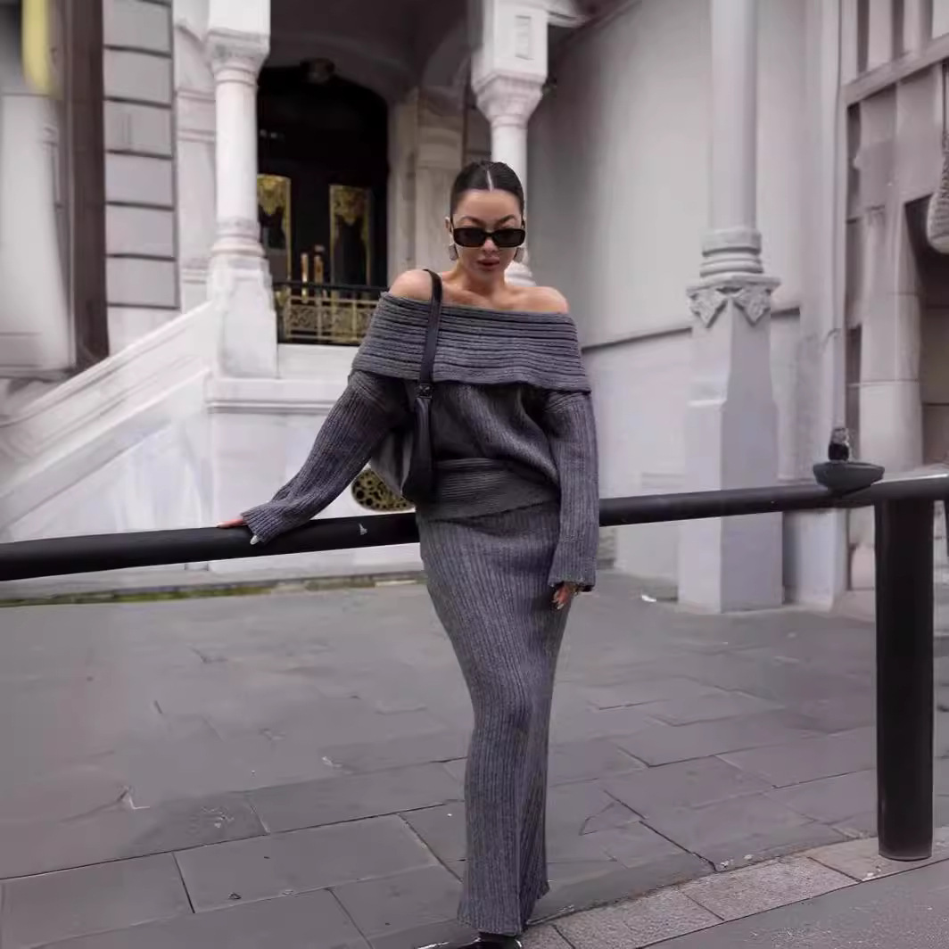 Women's Fashion Off-Shoulder Knit Sweater Two-Piece Set Long Sleeve Loose Fit Solid Color Casual Outfit_voghion.com