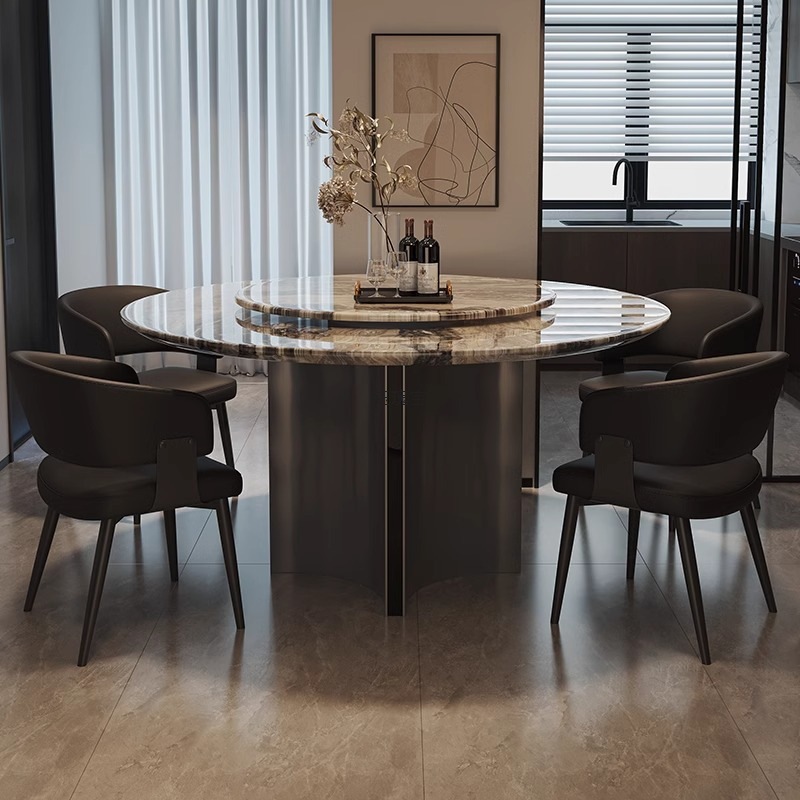 Guangdong Foshan Marble Dining Table and Chair Round Table Combination Modern Simple Small Apartment with Turntable Rotating Round Dining Table