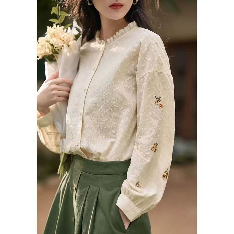 In-Stock Stand-Collar Ruffled Long-Sleeve Shirt for Women, 2026 Spring New French Style Professional Lace Pure Cotton Blouse In-Stock Stand-Collar Ruffled Long-Sleeve Shirt for Women, 2026 Spring New French Style Professional Lace Pure Cotton Blouse