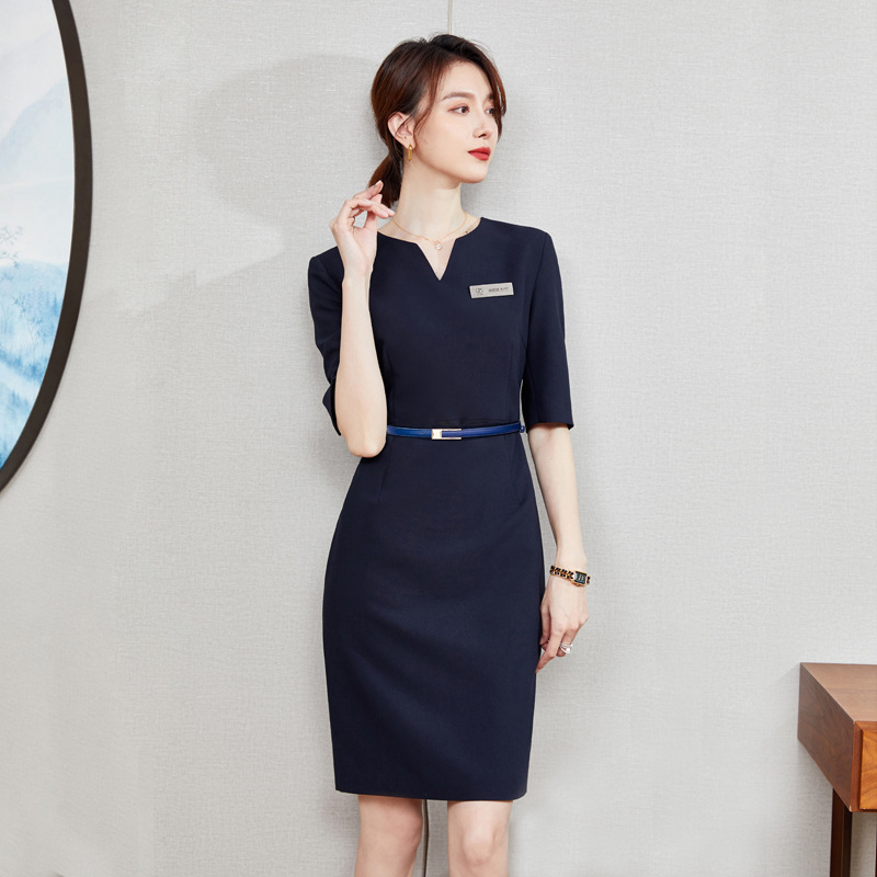 Đầm liền công sở tay ngắn dáng ôm thanh lịch — Màu xám (ngắn tay)