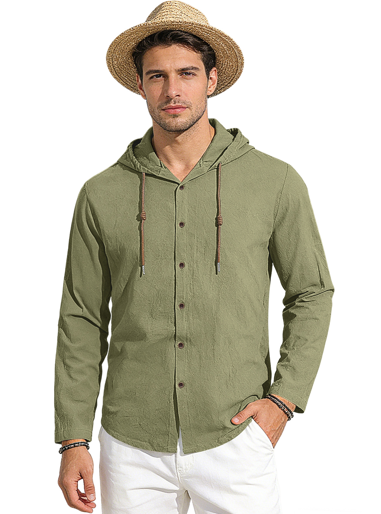 Transfronterizo Amazon nuevo estilo de primavera y verano hombre encapuchado camiseta suelta de algodón puro transpirable camisa casual de manga larga