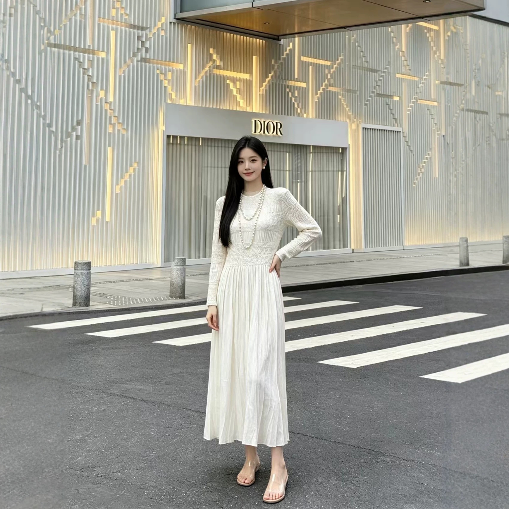 三宅褶皱2026秋季新款纯色波浪纹纯色长袖宽松大码休闲女装连衣裙