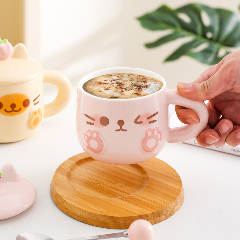 Cute taza de cerámica para gatos, taza de pareja con cuchara de tapa, taza de café, regalo de cumpleaños práctico