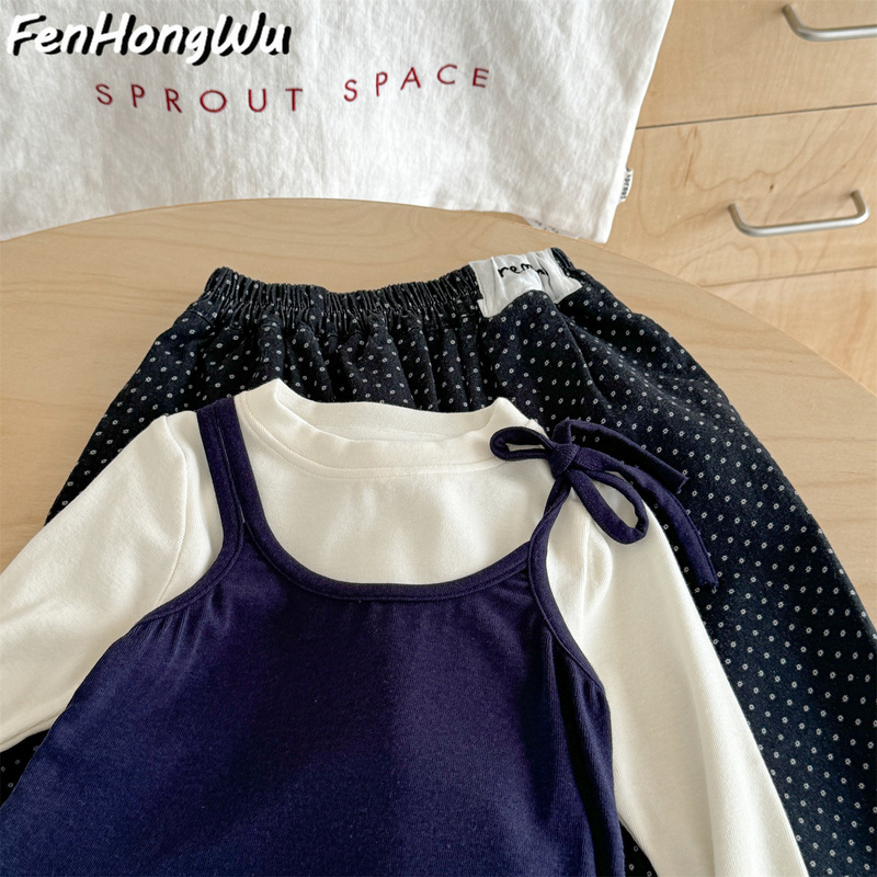【粉红屋】女童甜美套装秋季新款儿童圆点阔腿裤两件套宝宝衣服潮|undefined