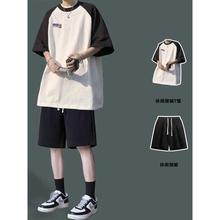 插肩袖拼色短袖t恤男生夏季衣服穿搭配短裤一套帅气学生套装休闲