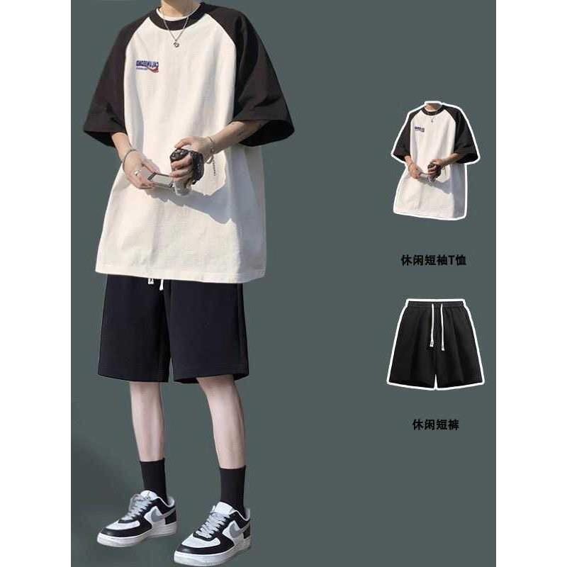 插肩袖拼色短袖t恤男生夏季衣服穿搭配短裤一套帅气学生套装休闲