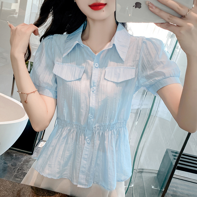 夏の2025年の新型は腰を収めてやせている小さい清新なシャツの女性のファッションのpolo襟の半袖のシフォンのカーディガンの上着を現します。|undefined