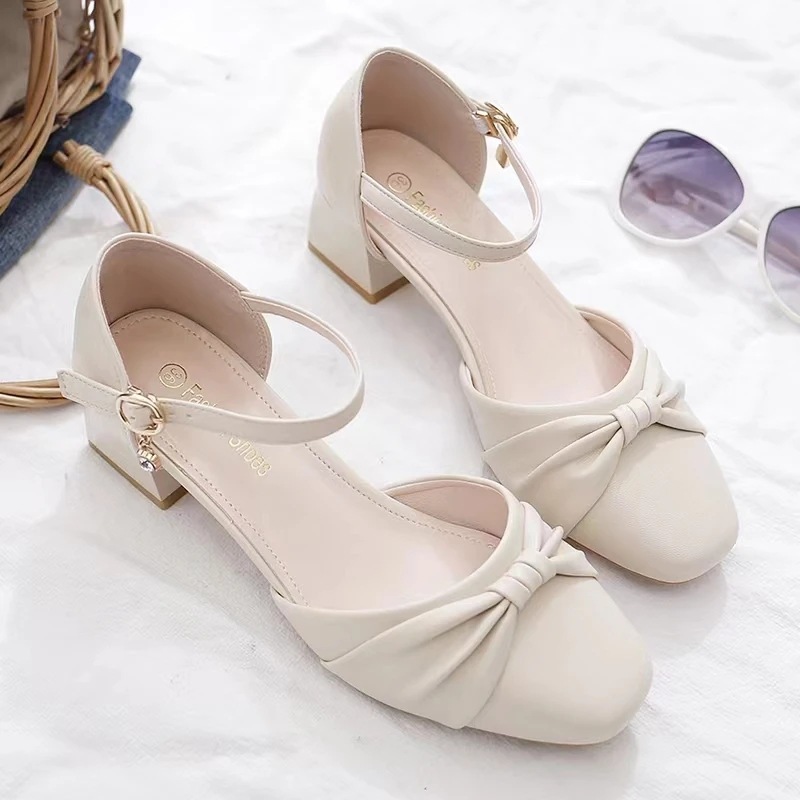 2026 sandálias de bolsillo para mujeres de verano nuevo tacones altos no cansados zapatos de talón único de hebilla cuadrada