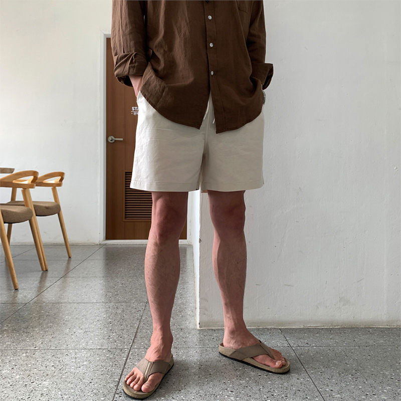 Apricot-Colored Linen Work Shorts for Men, Summer Trendy Japanese-Style Sports Shorts, Korean Version Versatile Straight-Leg Casual Pants