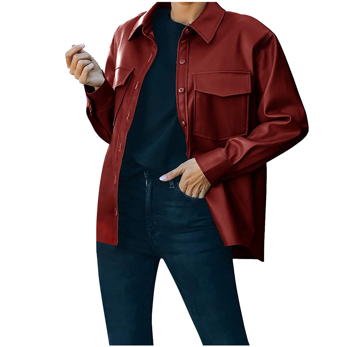 Europe And America Cross-border Women With Breast Pocket Button Casual Short Long Sleeve Jacket PU Leather Jacket