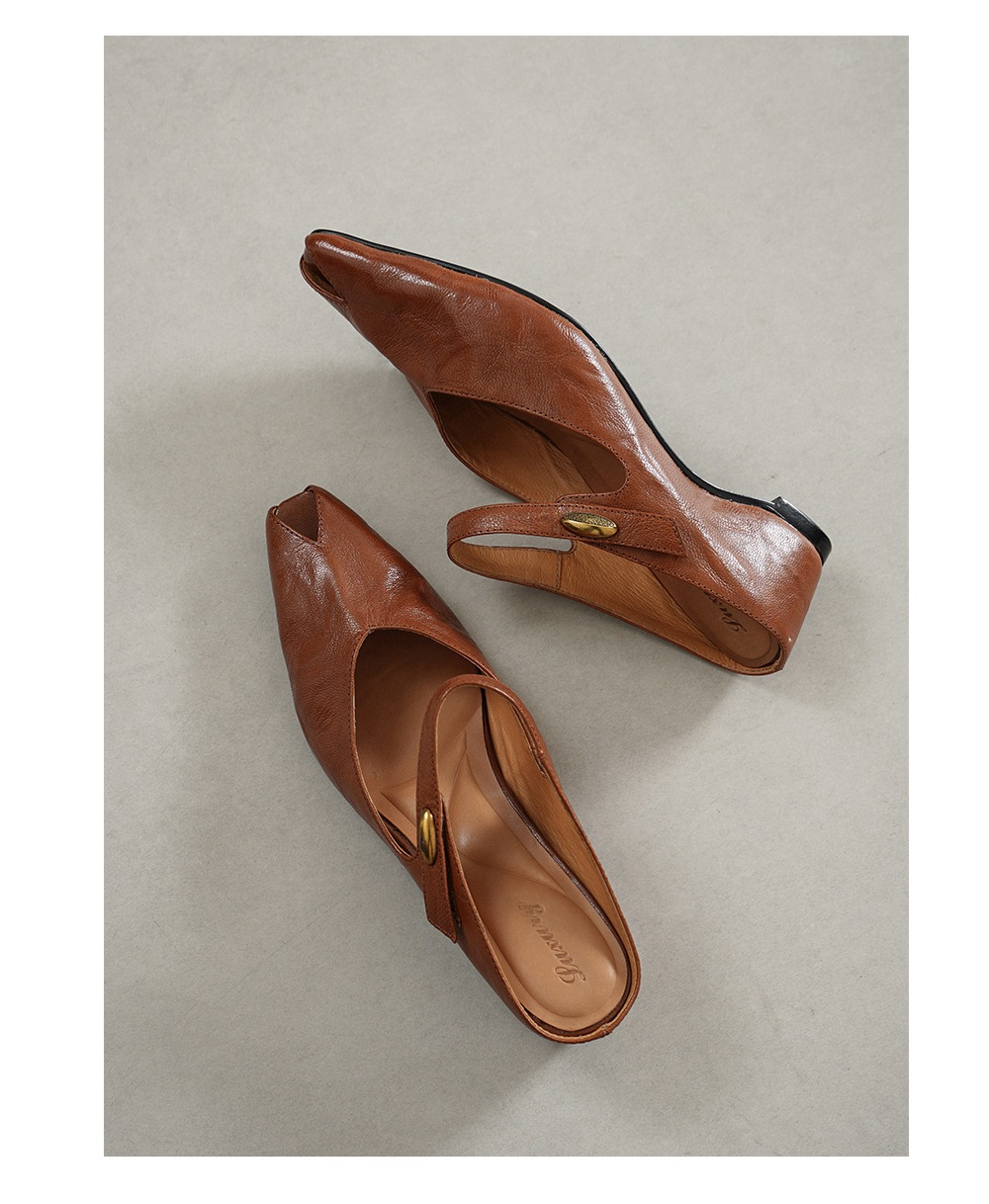 Sandal nữ mũi nhọn quai ngang gót vuông 7 cm da cừu — đen chi tiết 14