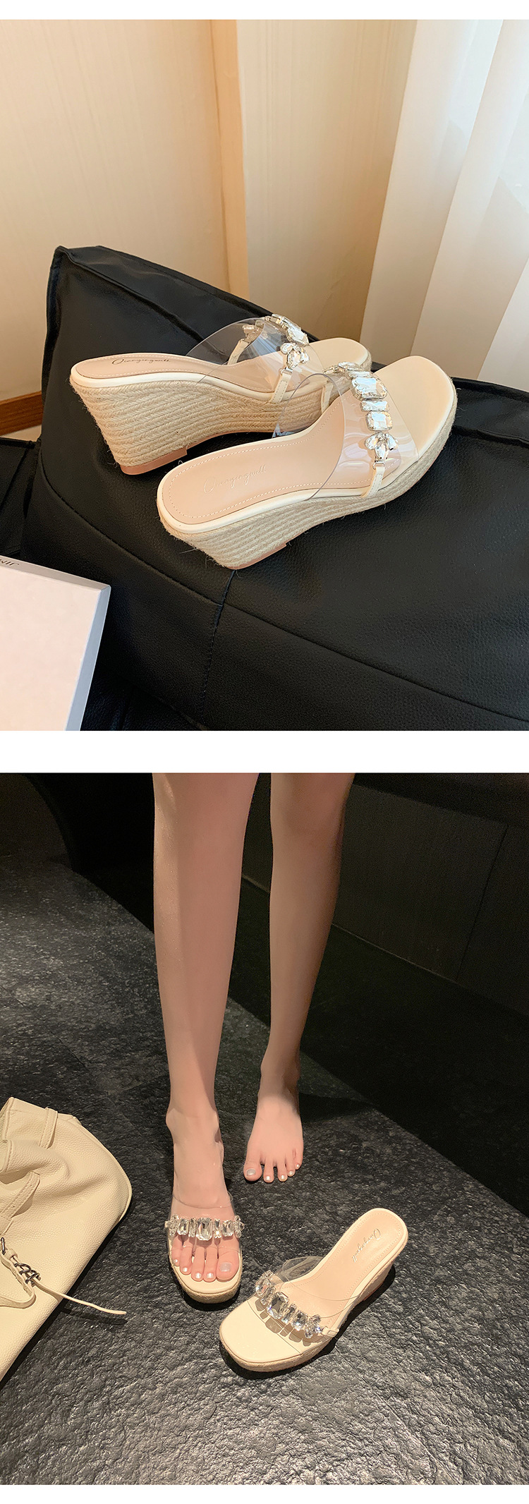 Sandal cao gót nữ đính đá quai ngang mũi hở đế xuồng cao gót 9 cm — Mặt đính đá trắng kem, Mặt trơn trắng kem chi tiết 9