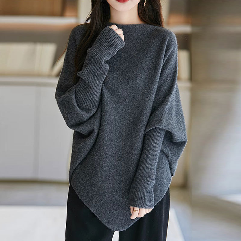 外贸慵懒风斗逢针织衫女秋冬装新款宽松不规则蝙蝠袖毛衣显瘦上衣