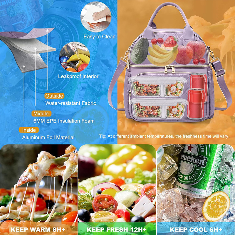 Nueva bolsa de almuerzo doble compartimiento caja de almuerzo aislante a prueba de fugas bolsa refrigerada portátil con correa de hombro ajustable